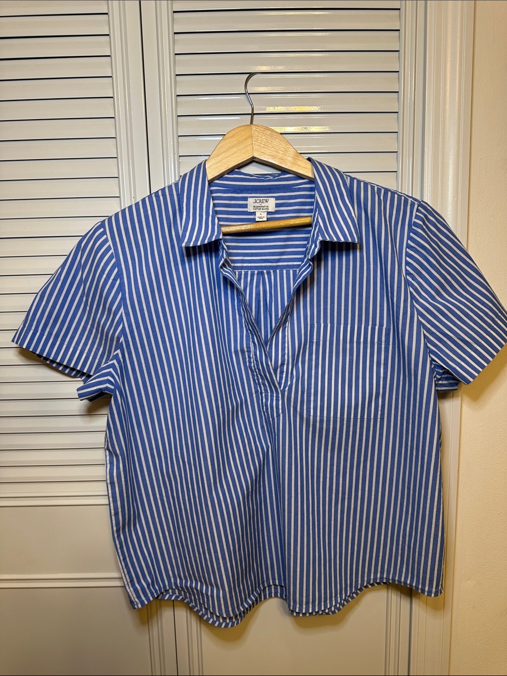 J. Crew Factory Blue and White Striped Short-Sleeve Popover Shirt